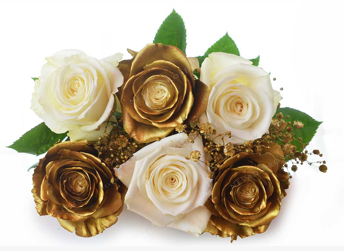 Six golden roses and sox white roses with golden gypso